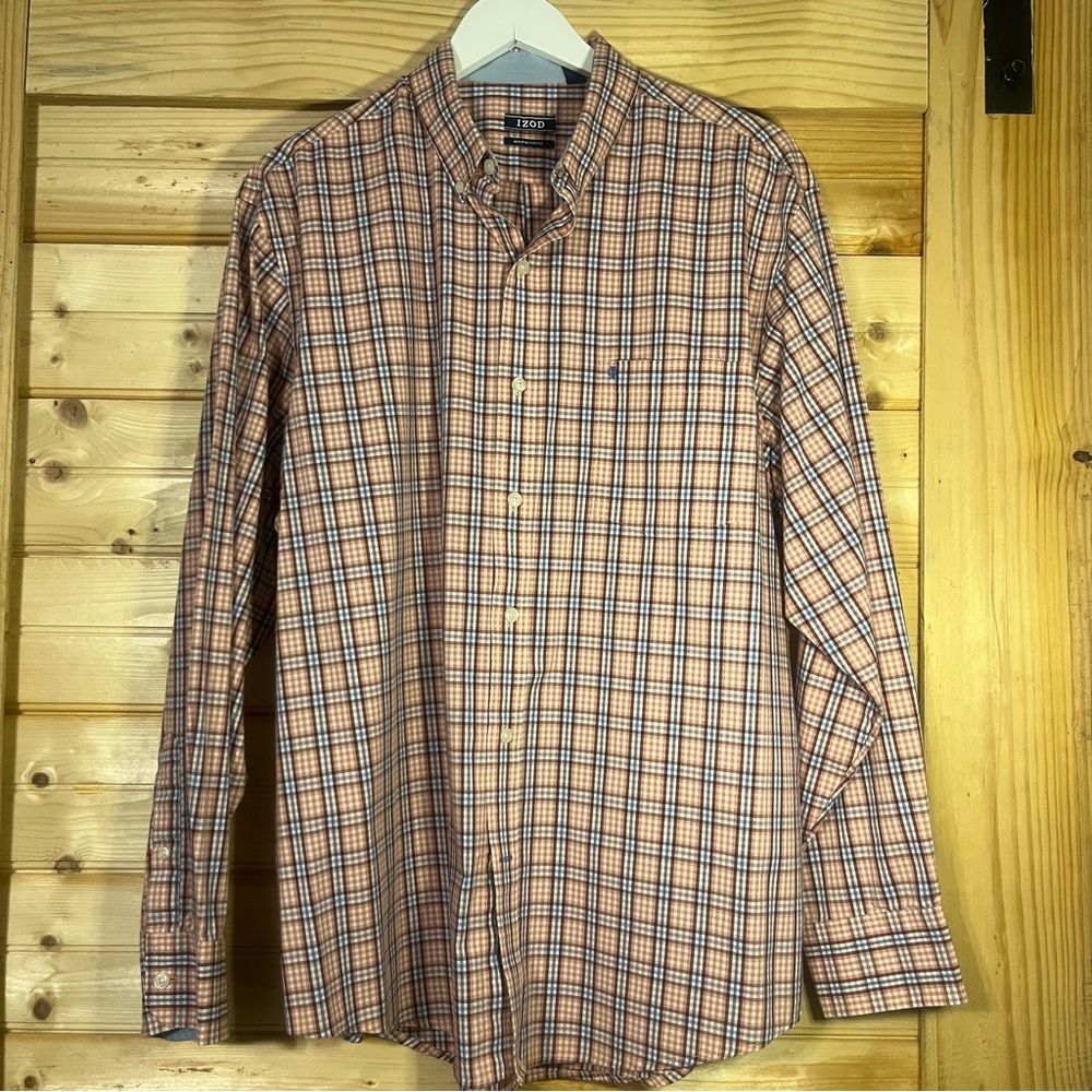 Izod Men's Casual Orange and Blue Plaid Shirt